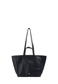 Bolso tote de piel negra con dos asas largas, forma estructurada y un pequeño logotipo en el centro inferior. Textura suave con un detalle mínimo.