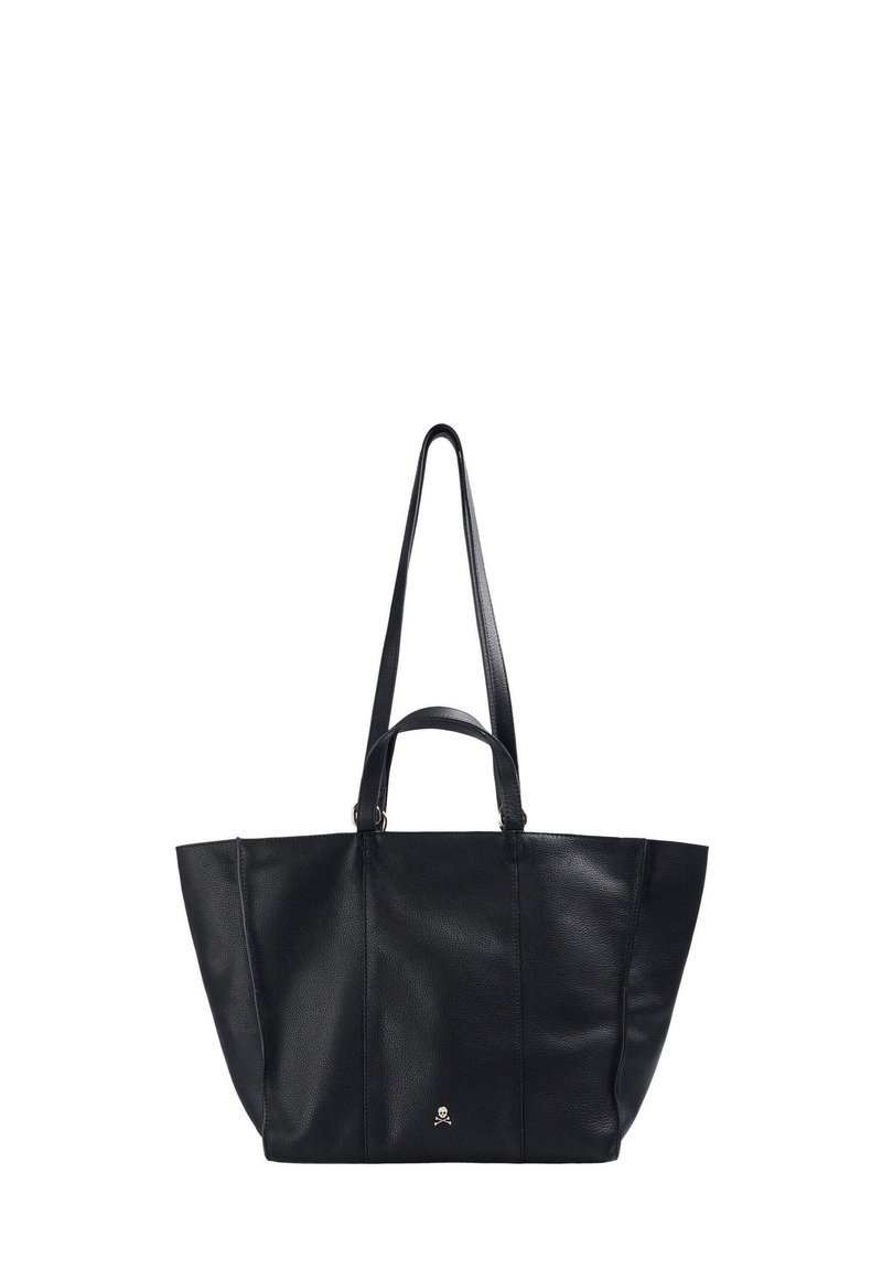 Bolso tote de piel negra con dos asas largas, forma estructurada y un pequeño logotipo en el centro inferior. Textura suave con un detalle mínimo.