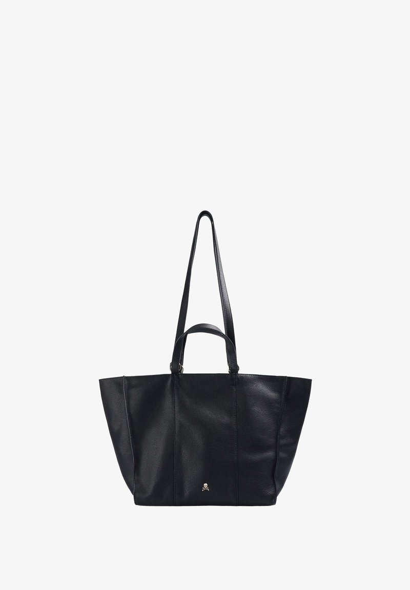 Bolso tote de piel negra con dos asas largas, forma estructurada y un pequeño logotipo en el centro inferior. Textura suave con un detalle mínimo.