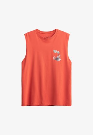 Oranje mouwloze katoenen shirt met een ronde halslijn, voorzien van een kleine grafische illustratie in de kleuren van een fabriek en wolken op de borst.