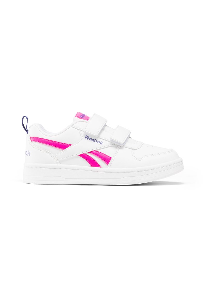 Sneakers bianchi con accenti rosa e viola, caratterizzati da una superficie in pelle liscia, doppie cinghie a velcro e un colletto imbottito.