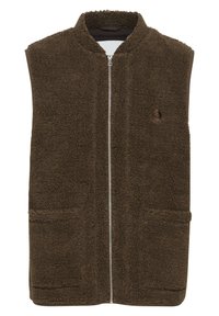 Brun fleece vest med høj krave, frontlynlås og to sidelommer. Teksturmateriale med en blød, plyss finish.