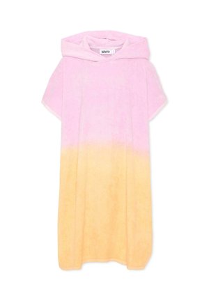 Poncho serviette à capuche pour enfant, à manches courtes, en tissu doux, avec un dégradé de couleurs rose en haut et jaune en bas.
