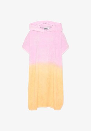 Poncho serviette à capuche pour enfant, à manches courtes, en tissu doux, avec un dégradé de couleurs rose en haut et jaune en bas.