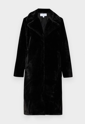Long black faux fur coat with wide lapels and front pockets, knee-length, displayed on a white background.