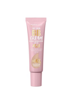 Tubo di BB cream rosa in plastica con tappo arrotondato. Presenta testo dorato e bianco. Contiene acido ialuronico e burro di karité, SPF 20.