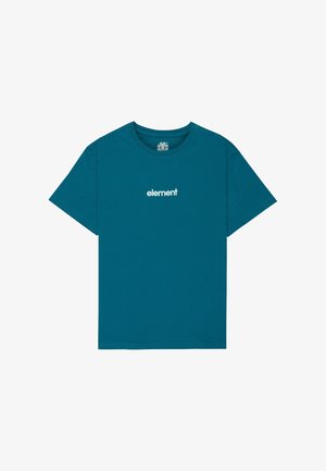Lyhythihainen t-paita sinivihreänä, jossa valkoinen "element"-logo keskellä rintaa, pyöreä pääntie ja yksivärinen takakappale.