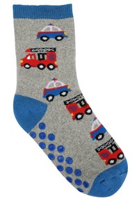 Grau Baumwollsocken mit roten Feuerwehrautos und blauen Polizeiwagen. Blauer gerippter Bund und rutschfeste blaue Punkte auf der Sohle.