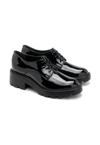 Pantofi de dress din piele patentată neagră, cu un finisaj lucios, vârf rotunjit și talpă exterioară groasă din cauciuc texturat negru. Au un design cu șiret.