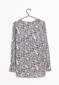 Langärmlige Bluse mit floralem Muster in Navy und Beige, Rundhalsausschnitt und dezenten Falten an der Vorderseite. Aus leichtem Material gefertigt.