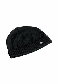 Czarna dzianinowa czapka typu beanie z teksturowanym wzorem oraz prążkowanym mankietem. Posiada mały metalowy akcent w postaci logo z boku. Elastyczny i dopasowany krój.