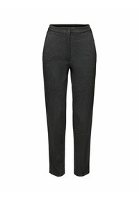 Tmavě šedé texturované hubené kalhoty s plochým pasem a bez viditelných kapes či ozdob, vystavené na bílém pozadí.