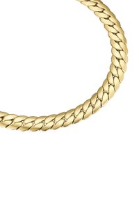 Zlatohnedý reťazový náhrdelník s vrúbkovaným dizajnom, s hladkými, zaoblenými článkami, ktoré vytvárajú textúrovaný vzhľad.