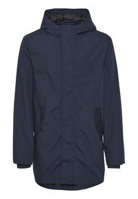 Navy blue hooded jacket with a front zipper, side pockets, and a slightly textured fabric; features a straight cut and long sleeves.