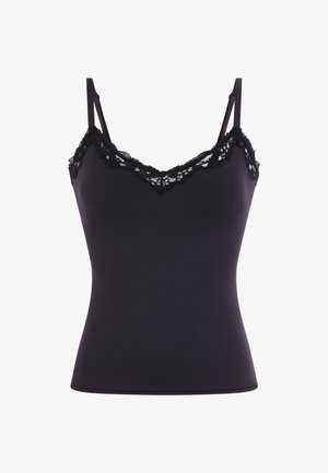 Black fitted camisole with adjustable thin straps and lace trim along the neckline and upper edges.