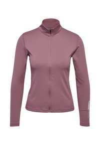 Rippstrick-Zip-Jacke in staubigem Rosé, lange Ärmel, hoher Kragen, flache Nähte und Logo-Akzent am Ärmel. Weiches, dehnbares Material, das für Komfort sorgt.
