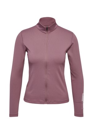 Geribbelde ritsjack in vergrijsd roze, lange mouwen, hoge kraag, platte naden en logo-accent op de mouw. Zachte, rekbare stof ontworpen voor comfort.