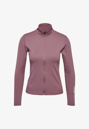 Ribbet zip-up jakke i støvet rose, lange ærmer, høj krave, flade sømme og logoaccent på ærmet. Blødt, strækbart stof designet til komfort.