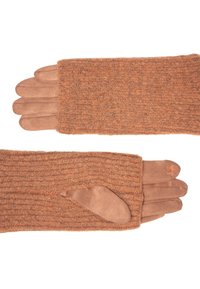 Braune, gestrickte lange Handschuhe mit Wildlederfingern und -daumenflicken, die an einer Fingerspitze ein kleines Blumendetail aufweisen.