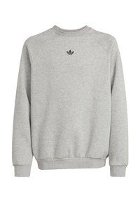 Šedá mikina vyrobená z mäkkej tkaniny s okrúhlym výstrihom. Obsahuje raglánové rukávy a malú čiernu nášivku na hrudi.