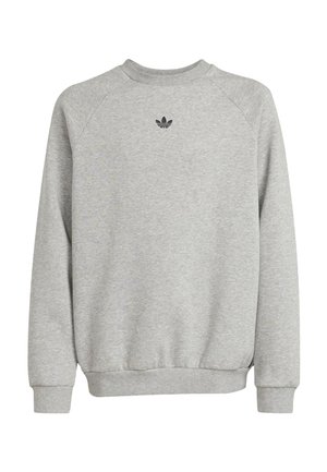 Grauer Pullover aus weichem Stoff mit rundem Halsausschnitt. Mit Raglanärmeln und einem kleinen schwarzen Logo auf der Brust.