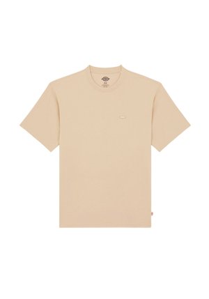 Beige cotton t-shirt with a crew neckline. Features short sleeves and a small label on the chest. Smooth texture and classic fit.