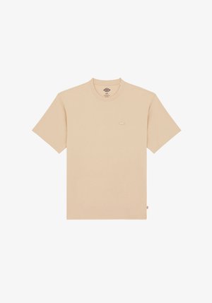 Beige cotton t-shirt with a crew neckline. Features short sleeves and a small label on the chest. Smooth texture and classic fit.