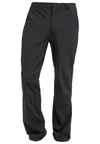 Pantalon noir, léger, à jambes droites avec une texture lisse, doté d'une fermeture à bouton et d'un design standard à cinq poches.