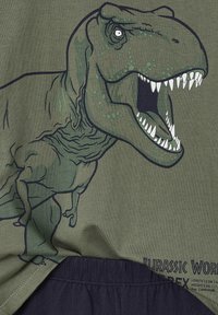 Grünes Baumwoll-T-Shirt mit einem großen Grafikmotiv eines brüllenden T-Rex in verschiedenen Grüntönen und Weiß, darunter der Text "Jurassic World".