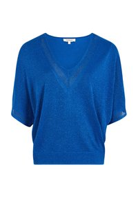 Blaues gestricktes Oberteil mit V-Ausschnitt, kurzen Ärmeln und lockerer Passform. Der Stoff hat einen subtilen Glanz und weist ein strukturiertes Netzmuster am Ausschnitt auf.