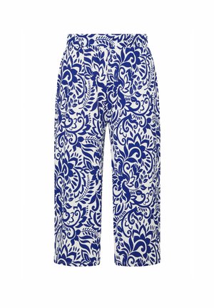 Cotton cropped pants with a blue floral pattern on a white background, featuring an elastic waistband and a relaxed fit design.