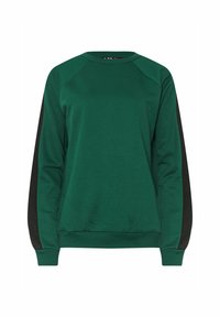 Felpa verde con maniche lunghe nere, polsini a coste e scollo rotondo. Realizzata in un tessuto morbido e dalla superficie liscia.