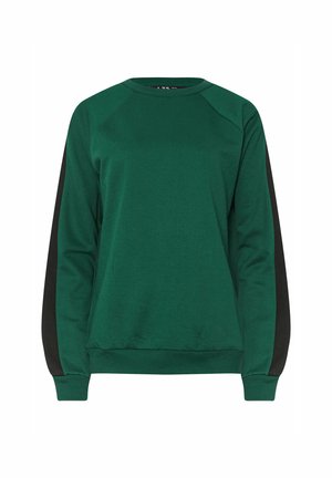Vihreä huppari, jossa pitkät mustat hihat, ribbauslahkeet ja pyöreä kaula-aukko. Valmistettu pehmeästä kankaasta, jossa on sileä pinta.