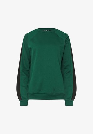 Grøn sweatshirt med lange sorte ærmer, ribbede manchetter og en rund halsudskæring. Fremstillet af et blødt stof med en glat overflade.