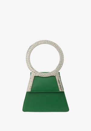 Vihreä nahkainen käsilaukku, jossa on geometrinen muotoilu. Laukussa on pyöreä, strassikoristeinen kahva ja jämäkkä pohja.