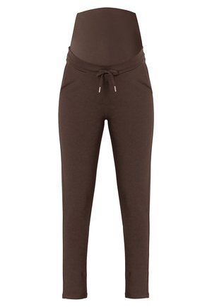 Bruine zwangerschaps-sweatpants met een hoge tailleband, trekkoord en zijzakken, gemaakt van zachte stof met een gladde textuur.