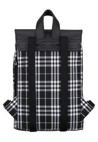 Svartvitt rutigt ryggsäck med en strukturerad design, läderdetaljer, vadderade axelremmar, handtag upptill och sidoficka med dragkedja.