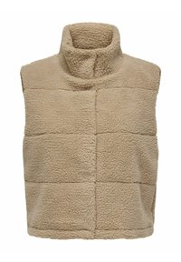 Veste sans manches beige en polaire avec un col montant et un tissu doux, texturé, en peluche.