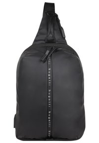 Sling bag in matte black material, featuring a single adjustable strap, top zip closure, and a vertical logo on the front.