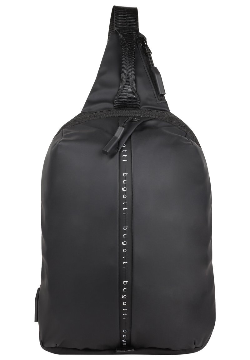 Sling bag in matte black material, featuring a single adjustable strap, top zip closure, and a vertical logo on the front.