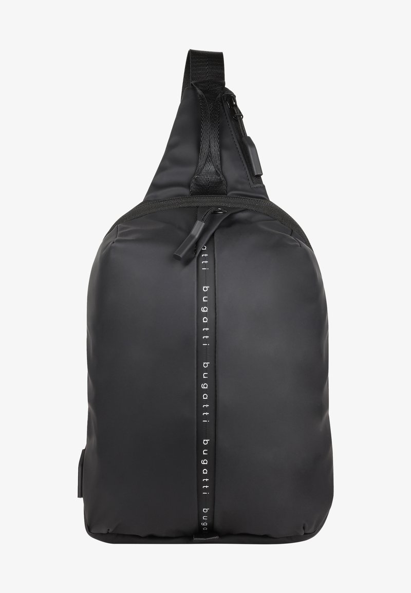 Borsa a tracolla in materiale nero opaco, dotata di una sola tracolla regolabile, chiusura zip superiore e logo verticale sulla parte anteriore.