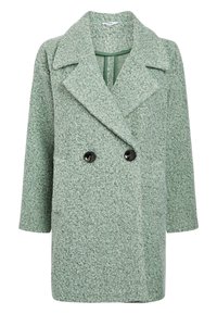 Cappotto in misto lana verde con texture, frontale doppiopetto, rever a punte e due grandi bottoni neri, progettato per una vestibilità rilassata.