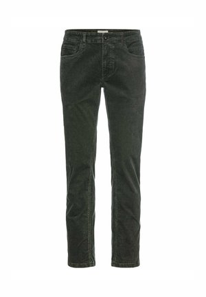 Donkergroene corduroy broek met een recht pijpdesign. Heeft twee voorzakken en een knoopsluiting bij de tailleband. Zachte textuur.
