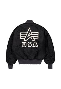 Čierna bomber bunda s veľkým bielym vyšívaným logom s ostrým dizajnom a nápisom "USA" na chrbte. Materiál je lesklý a hladký.