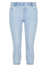 Pantalons capri en denim bleu clair avec une taille élastique, présentant une texture douce et un style à cinq poches traditionnel.
