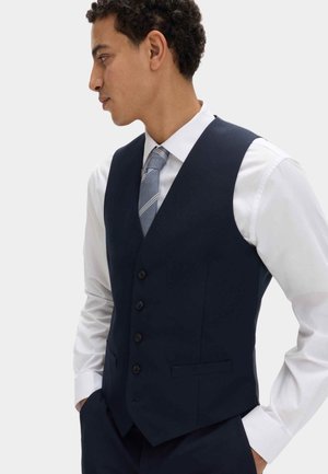 Hombre con camisa blanca, corbata a rayas y chaleco azul marino abotonado, mirando hacia la izquierda con las manos en los bolsillos sobre fondo liso.