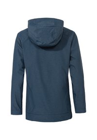 Giacca leggera di colore blu scuro con cappuccio, maniche lunghe e orlo dritto. Il materiale ha una finitura liscia e texturizzata.