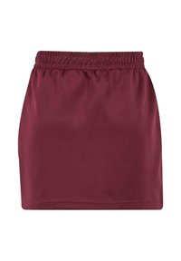 Mini gonna bordeaux con vita elastica, realizzata in tessuto morbido, caratterizzata da un design semplice e orlo dritto.