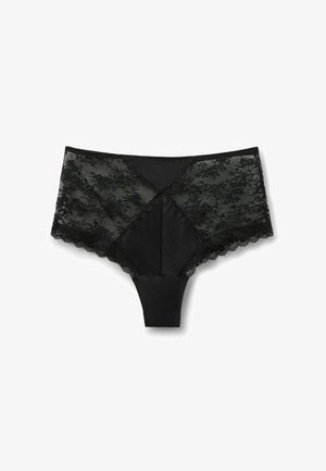 Czarna koronkowa bielizna z wysokim stanem, ozdobiona kwiatowymi wzorami i gładkimi panelami z przodu oraz falistymi krawędziami.