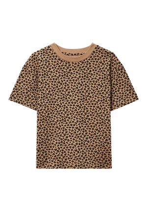 T-shirt marron à manches courtes avec motif léopard noir et col rond marron uni.